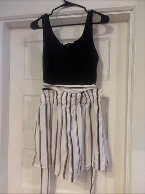 High-Waist White Romper with Vertical Black & Brown Stripes